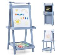 GYMAX Wooden Kids Easel, Height Adjustable Toddler Easel with Whiteboard, Chalkboard, Paper Roll, Storage Trays & 3 Paint Cups, Foldable Drawing Board Stand for 3 Years Old+ (Blue)