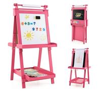 GYMAX Wooden Kids Easel, Height Adjustable Toddler Easel with Whiteboard, Chalkboard, Paper Roll, Storage Trays & 3 Paint Cups, Foldable Drawing Board Stand for 3 Years Old+ (Pink)