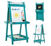 GYMAX Wooden Kids Easel, Height Adjustable Toddler Easel with Whiteboard, Chalkboard, Paper Roll, Storage Trays & 3 Paint Cups, Foldable Drawing Board Stand for 3 Years Old+ (Green)