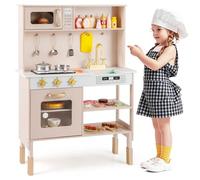 GYMAX Wooden Kids Kitchen, Height Adjustable Toy Kitchen with Stoves, Microwave, Oven, Storage Shelves, Accessories, Real Lights & Sounds, Children Cooking Role Playset for 3+ Years Old