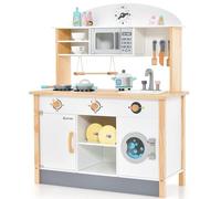 GYMAX Wooden Kids Play Kitchen, Chef Pretend Toy Kitchen with Clock, Microwave, Stove, Washing Machine, Swing Rack, Sound & 17 PCS Accessories, Kitchen Playset for Toddlers