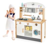 GYMAX Wooden Kids Play Kitchen, Chef Pretend Toy Kitchen with Clock, Microwave, Stove, Washing Machine, Swing Rack, Sound & Accessories, Kitchen Playset for Toddlers (Without Apron and Hat)