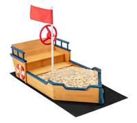 GYMAX Wooden Kids Sandbox with Bench Seats, Hidden Storage, Flag