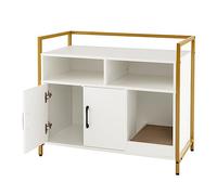 GYMAX Wooden Kitty Washroom Storage Cabinet Nightstand Side Table with Scratching Board and Shelves, Cat House Pet Crate for Kitten & Large Cat (White)