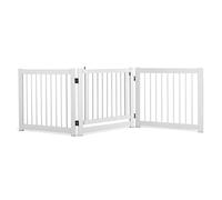 GYMAX Wooden Pet Gate, 3 Panel Folding Dog Barrier with Walk Through Door, Freestanding Tall Pet Safety Fence for Doorway, Stairs and Kitchen (207 x 2 x 61 cm, White)