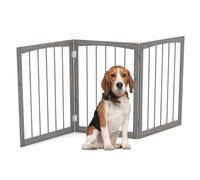 GYMAX Wooden Pet Gate, Foldable 3 Panels Stair Gate, Solid Wood Frame, 76cm High Freestanding Safety Doorway Dog Barrier (Gray)
