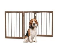 GYMAX Wooden Pet Gate, Foldable 3 Panels Stair Gate, Solid Wood Frame, 76cm High Freestanding Safety Doorway Dog Barrier (Brown, 76 cm Tall)
