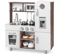 GYMAX Wooden Play Kitchen - Kids Toy Kitchen with Microwave, Fridge, Water Dispenser, Telephone, Oven, Cookware, Clock & Stove Pretend Playset for 3 Year Old + (White + Brown)