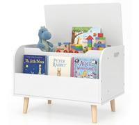 GYMAX Wooden Toy Box, Kids Storage Chest with Book Storage Space, Lid & Safety Hinge, Flip-Top Toddler Toy Organizer for Boys Girls (White, 60 x 40 x 43cm)