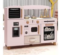 GYMAX Wooden Toy Kitchen, Kids Cooking Role Playset with Stoves, Microwave, Ice Maker, Dishwasher, Chalkboard and Accessories, Play Kitchen for 3+ Years Old (Pink, 86 x 25 x 69 cm)