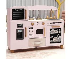 GYMAX Wooden Toy Kitchen, Kids Cooking Role Playset with Stoves, Microwave, Ice Maker, Dishwasher, Chalkboard and Accessories, Play Kitchen for 3+ Years Old (Pink, 86 x 25 x 69 cm)
