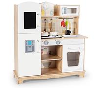 GYMAX Wooden Toy Kitchen, Pretend Play Kitchen with Oven, Stove, Clock, Blackboard, Cookware Accessories, Real Light & Sound, Kids Kitchen Playset Gift for Aged 3-7 (with Ice Maker)