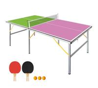 GYMFLEX 182 x 91 cm Table Tennis Table Foldable & Portable Mid-Size Ping Pong Table Set for Indoor & Outdoor Games with Net, 2 Table Tennis Bats & 3 Balls, Green/Purple Table Top