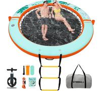 GYMMALL Inflatable Water Hammock Floating Dock 8 FT with Mesh, Lilo Pool Inflatables Tanning Round Ring for Adults, Sunchill Mat Raft Platform for Lake and Beach with Water Ladder - Orange Green