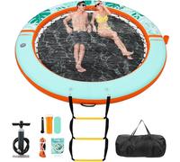 GYMMALL Inflatable Water Hammock Floating Dock 8 FT with Mesh, Lilo Pool Inflatables Tanning Round Ring for Adults, Sunchill Mat Raft Platform for Lake and Beach with Water Ladder - Orange Green