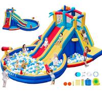 GYMMALL Inflatable Water Slide Bounce House with 550 W Blower, Blow up 8-in-1 Waterslide Park Bouncy Castle for Kids Outdoor and Indoor, Bouncer House with Large Pool, Double Slides and Climbing Walls