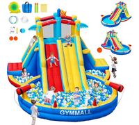 GYMMALL Inflatable Water Slide Bounce House with 550 W Blower, Blow up 8-in-1 Waterslide Park Bouncy Castle for Kids Outdoor and Indoor, Bouncer House with Large Pool, Double Slides and Climbing Walls