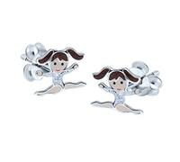 Gymnastic Girl Earrings - Brown Hair with Silver Leotard - Sterling Silver