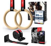 Gymnastic Rings Set Wood + Door Anchor Attachment, Exercise eBook & Adjustable Safety Straps + Length Markings | Wooden Olympic Gym Gymnastics