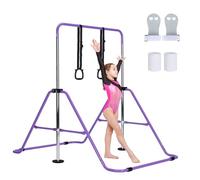 Gymnastics Bar Adjustable Junior Bar for Kids Ages 6-12 with Rings & Grips - Safe Triangular Gymnastic Bar for Home, gymnastics pole 5 Height Levels, up to 120 lbs (Without Mat, Purple)