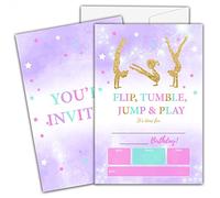 Gymnastics Birthday Invitations for Kids, Gold Glitter Birthday Party Invitation Cards, Jump Tumble and Play Party Celebration Supplies Decoration -20 Fill in Invitations with Envelopes (B17)