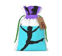 Gymnastics Game Printed Christmas Drawstring Bags with Green Christmas Ribbon - Reusable Burlap Drawstring Gift Pouches, S