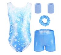 Gymnastics Leotards for Girls, 4Pcs Sleeveless Sparking Dance Outfits with Shorts Hairband and Wristband, Shiny Gymnastic Ballet Unitards for Kids 4-5 Years