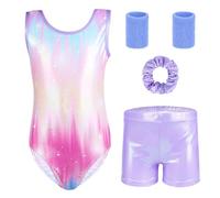 Gymnastics Leotards for Girls, 4Pcs Sleeveless Sparking Dance Outfits with Shorts Hairband and Wristband, Shiny Gymnastic Ballet Unitards for Kids 4-5 Years