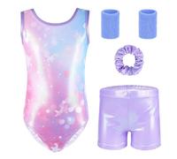 Gymnastics Leotards for Girls, 4Pcs Sleeveless Sparking Dance Outfits with Shorts Hairband and Wristband, Shiny Gymnastic Ballet Unitards for Kids 7-8 Years