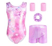 Gymnastics Leotards for Girls, 4Pcs Sleeveless Sparking Dance Outfits with Shorts Hairband and Wristband, Shiny Gymnastic Ballet Unitards for Kids 4-5 Years