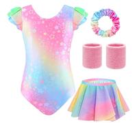 Gymnastics Leotards for Girls, 5Pcs Flutter Sleeve Leotards with Ballet Skirt, Hairband and Sweat Bands, Sparkly Gradient Color Ballet Dance Unitards Gymnastics Outfits for Kids 4-9 Years Girls