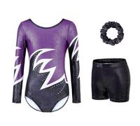 Gymnastics Leotards for Girls - Three-Piece Set with Sparkling Gradient Design, Long Sleeve Leotard, Shorts & Hairband for Ballet & Dance(Purple, Tag 8A(7-8 Years))