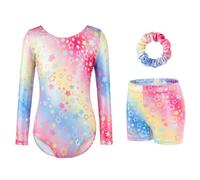 Gymnastics Leotards for Girls - Three-Piece Set with Sparkling Gradient Design, Long Sleeve Leotard, Shorts & Hairband for Ballet & Dance(Rainbow, Tag 12A(11-12 Years))