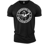 GYMTIER Conquer or be Conquered - Men's Gym T-Shirt - Bodybuilding Workout Top, Black, XL