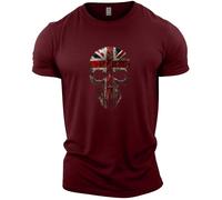GYMTIER Skull Union Jack - Men's Gym T-Shirt - Bodybuilding Workout Top, Maroon, 3XL