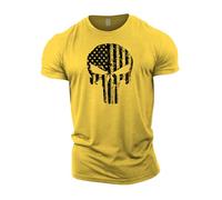 GYMTIER Skull USA Flag Men's Gym T-Shirt Bodybuilding Training Workout Lifting Top Clothing, Yellow, S