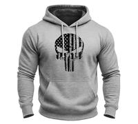GYMTIER Skull USA - Men's Gym Hoodie - Training Bodybuilding Top, Heather Grey, M