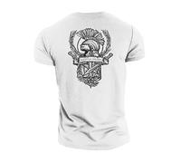 GYMTIER Spartan Forged - Crest - Men's Gym T-Shirt Bodybuilding Training Workout Lifting Top Clothing, White, XL
