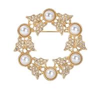 Gyn&Joy Golden Tone Crystal Rhinestones Fuax Pearl Butterfly Wreath Pin Brooch