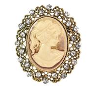 Gyn&Joy Vintage Inspired Antique Crystal Rhinestones Grey Gold Lady Cameo Pin Brooch, Metal, rhinestone