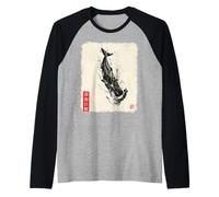 Gyotaku Fish Print Sperm Whale vs Giant Squid Deep Sea Kaiju Raglan Baseball Tee