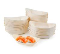 GYOTUU 100pcs Disposable Wooden Sushi Serving Tray, Wooden Bamboo Boats, Disposable Wooden Plates, Disposable Bowls for Appetizers Finger Foods Snacks for Weddings, Birthdays, Parties 14.5x7.5cm