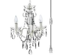gypsy color The Original Brink House Plug-in 3 Light Crystal White Hanging Swag Chandelier H17”xW12”, White Metal Frame with Clear Glass Stem and Acrylic Crystals