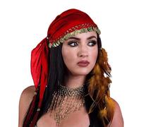 Gypsy Head Scarf - Fortune Teller Head Scarf, Fortune Teller Accessories, Boho Chic Accessory, Vintage Gypsy Head Scarfs with Gold Coin, Fancy Dress up Accessories, Lightweight Headkerchief (RED)
