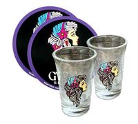 Gypsy Spirits Gift Set - 2 Shot Glasses with Gypsy Head Logo & 2 Rubber Coasters in a Compact Gift Box | Wipeable, Durable Barware - Ideal Present for Spirit Lovers