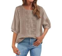 Gypsy Top 3/4 Sleeve Tops for Women UK Cotton Linen Ladies Tunic Top Womens Embroidery Floral Boho Summer Blouses Dressy Casual Elegant Chiffon Blouse Tshirts Retro Elbow Length T Shirts Women