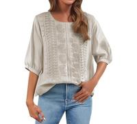 Gypsy Top 3/4 Sleeve Tops for Women UK Cotton Linen Ladies Tunic Top Womens Embroidery Floral Boho Summer Blouses Dressy Casual Elegant Chiffon Blouse Tshirts Retro Elbow Length T Shirts Women