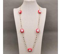 GYQYJPFZM 32'' Rectangle Shaped White Keshi Pearl Red Enamel Glaze Colorful Zirconia Paved Chain Long Necklace