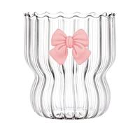 Gyrategirl 10Oz Ripple Drinking Glasses with Bow-Knot Glass Chubby Cup Tumbler Striped Aesthetic Glass Cup Vintage Wavy Glassware for Coffee Cocktail Juice Water Soda Tea