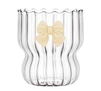Gyrategirl 10Oz Ripple Drinking Glasses with Bow-Knot Glass Chubby Cup Tumbler Striped Aesthetic Glass Cup Vintage Wavy Glassware for Coffee Cocktail Juice Water Soda Tea